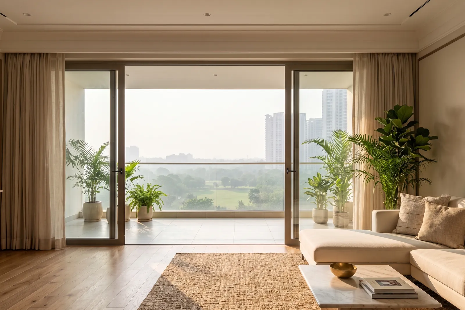 Living room of a finished apartment with glass doors opening onto a balcony and parkland view