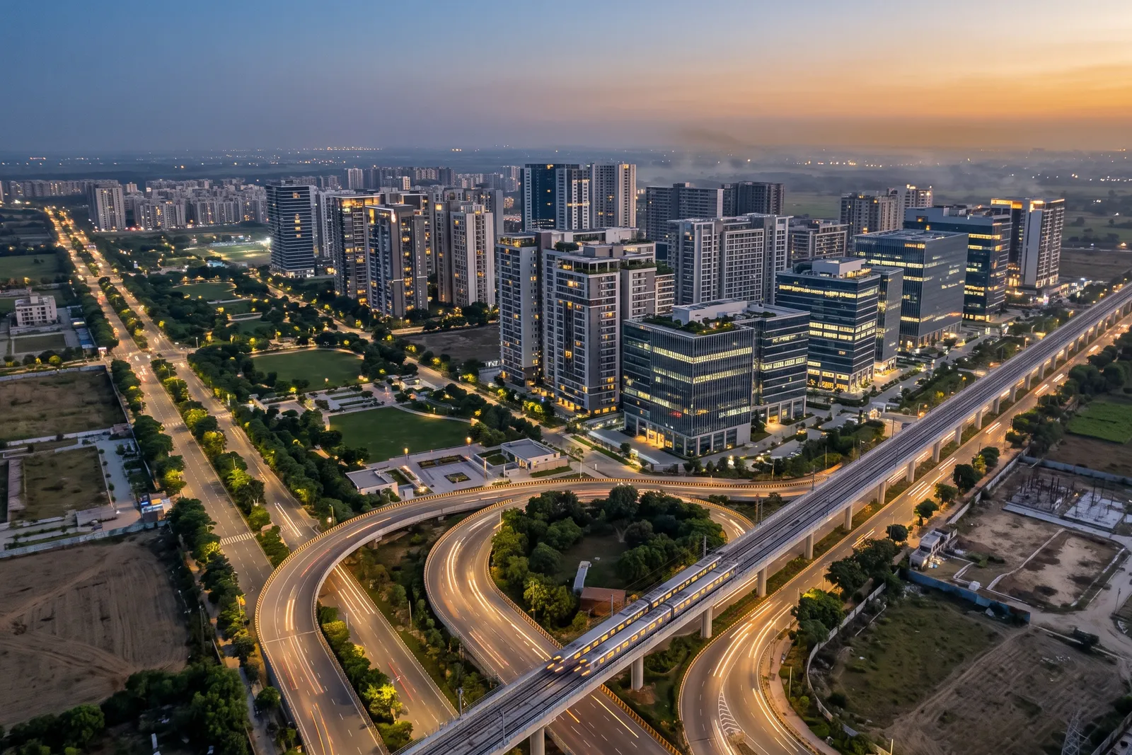 Aerial view at dusk of a planned city with an expressway, a metro line and new towers