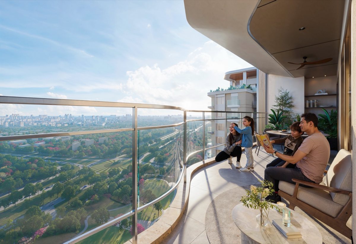 A family on a curved balcony looking over the green belt