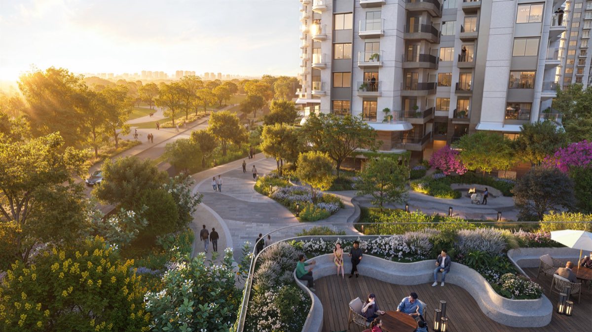 Artist's impression of the courtyard garden and seating deck at Eldeco 7 Peaks