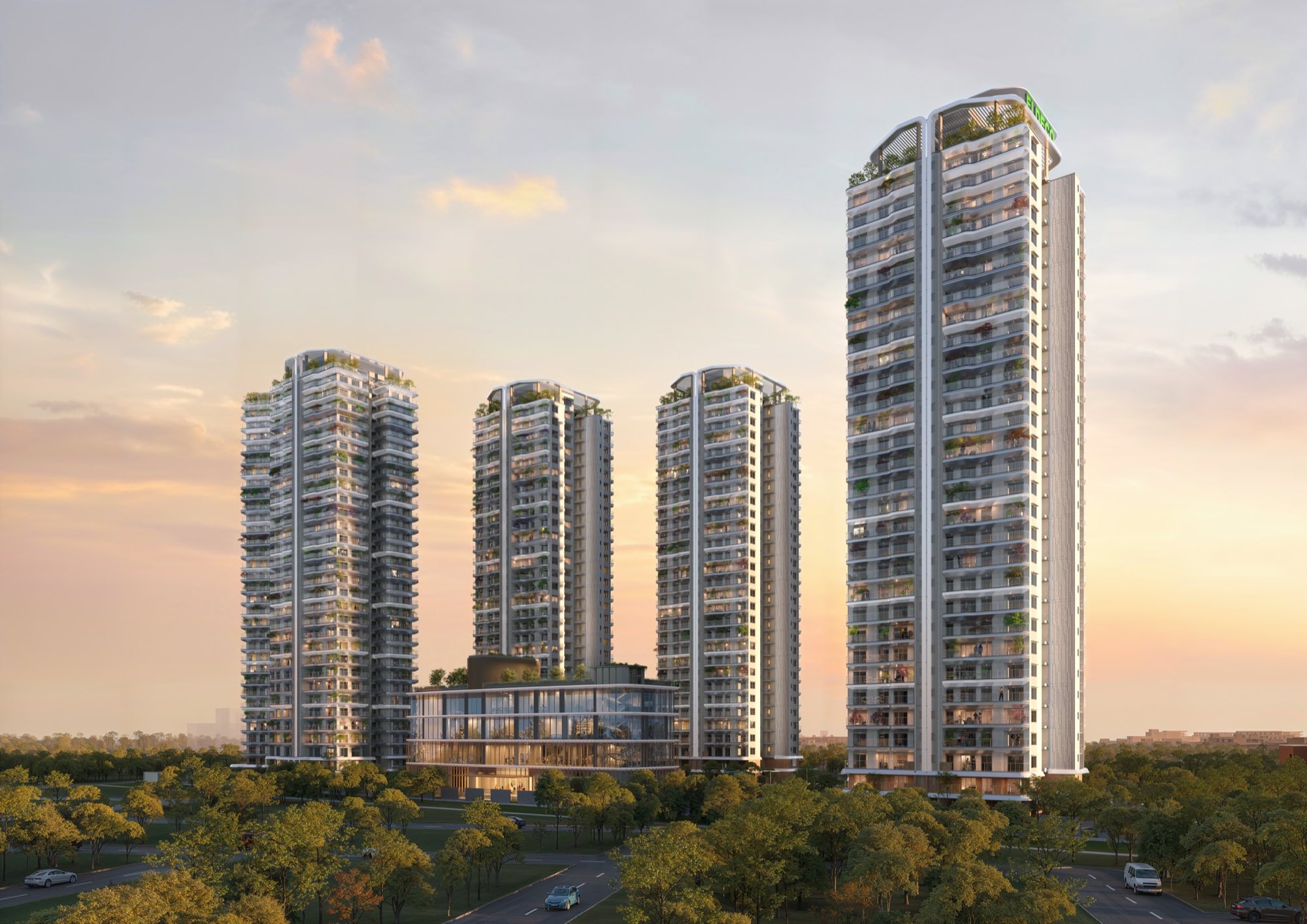 Towers angled apart in the evening light