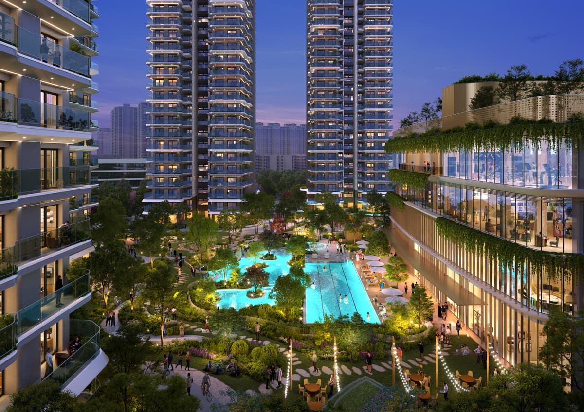 Pools and gardens between the towers at dusk