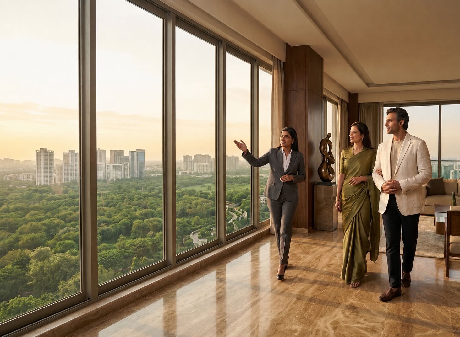 A viewing at a high-floor residence overlooking Noida at sunset
